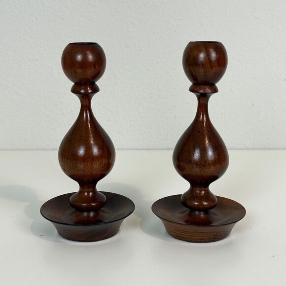 2 Vintage Turned Wood Spindle Candle Holders 6:5” - Picture 1 of 7